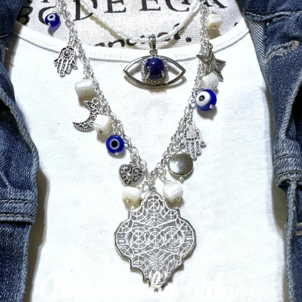 Lapis lazuli multi charms layered necklace - Picture 2 of 5